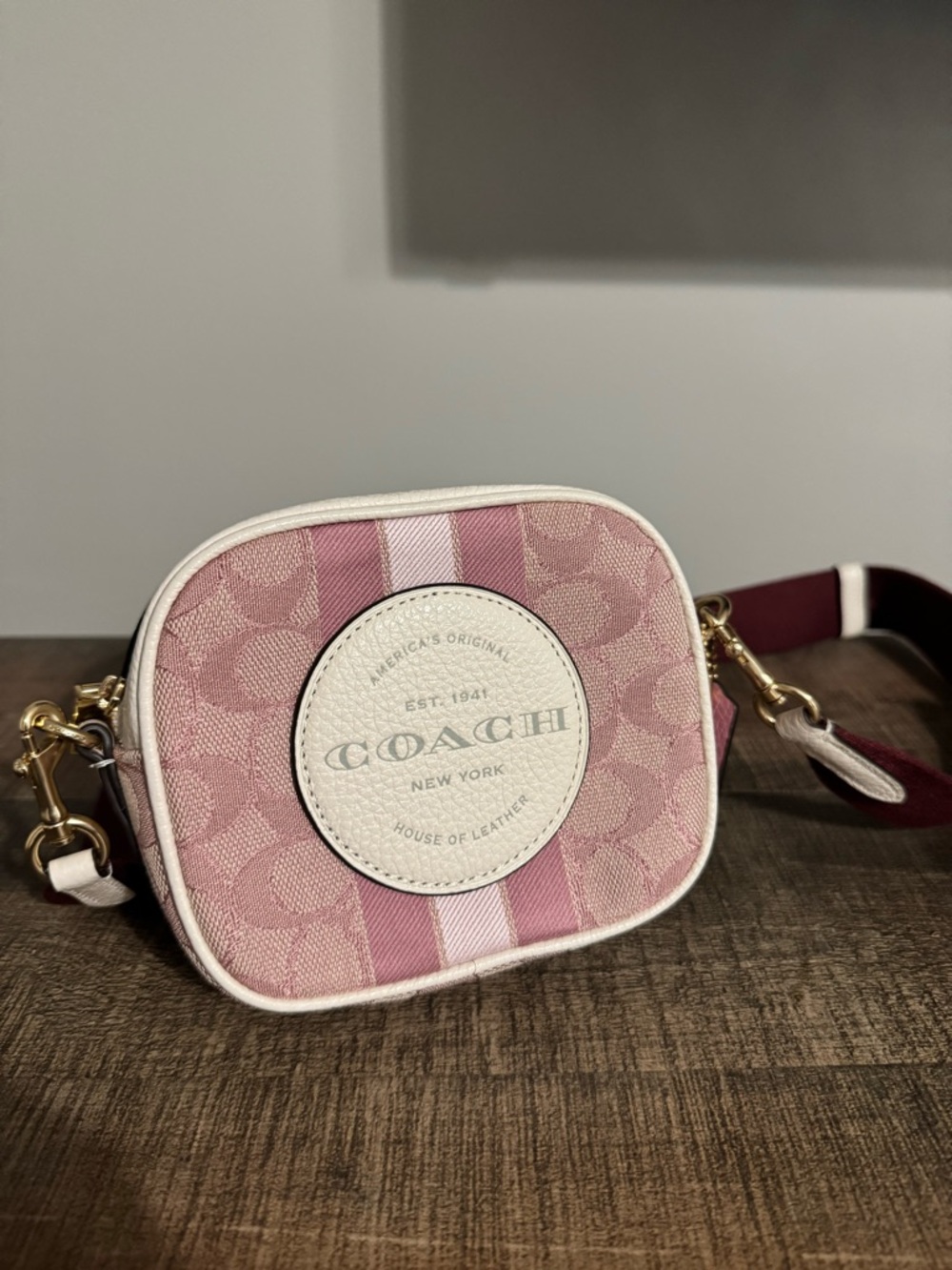 Coach Pink Signature Stripe Crossbody Camera Bag